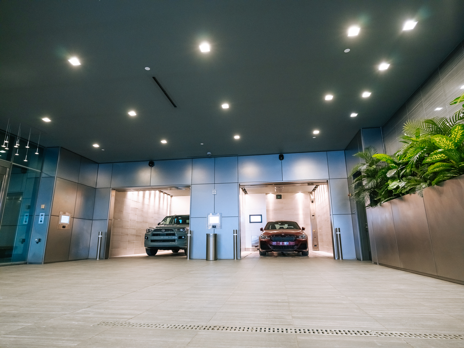 Transfer area at 500 Walnut's automated parking system